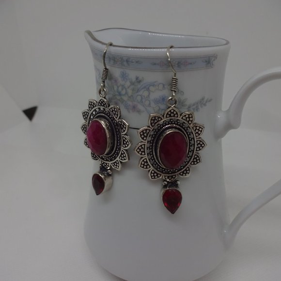 Fancy "SIMULATED RUBY" Handmade Sterling Dangle Earrings #517 - Picture 2 of 3